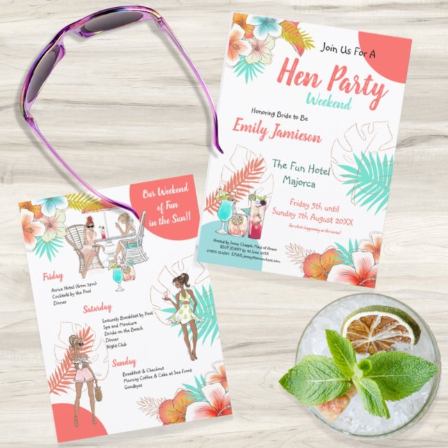 Färgfläckig Tropical Helg Itinerary Hen Party Inbjudningar (Skapare uppladdad)