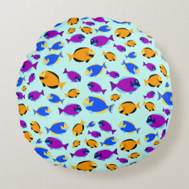 Färgfläckig tropisk fisk Mönster i blåhavet Rund Kudde