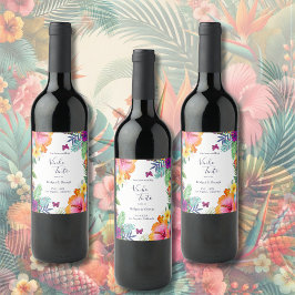 Färgfläckig tropisk hawaiisk Blommigt Bröllop Vinflaska Etikett