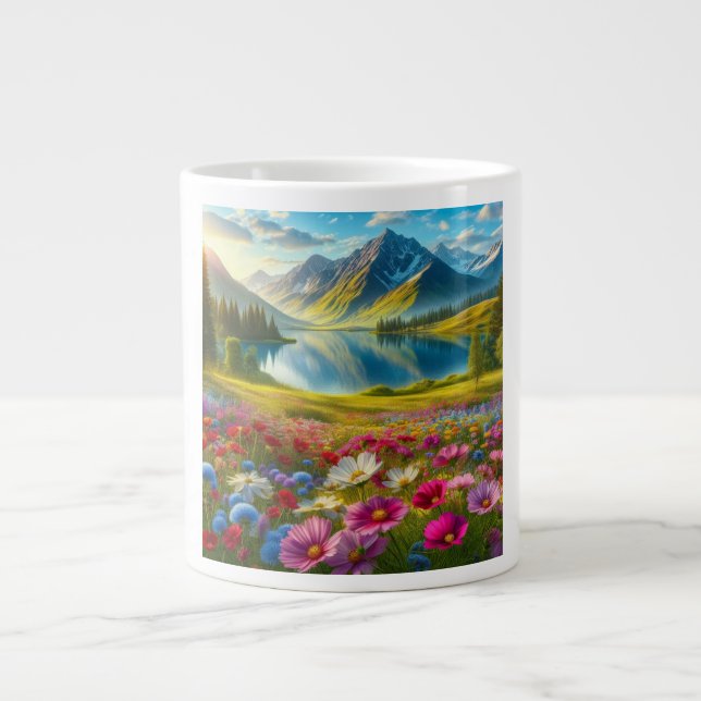 Färgfläckig vår/blommigt, sjö i bergsområdet jumbo mugg (Framsidan)