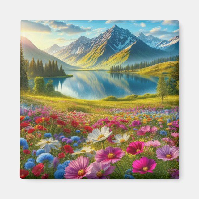 Färgfläckig vår/blommigt, sjö i bergsområdet magnet (Framsidan)