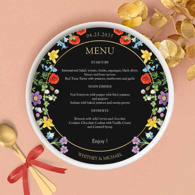 Färgfläckig Vår Wildblomma Blommigt Round Bröllop Meny (Colorful Spring Wildflower Floral Round Wedding Menu)