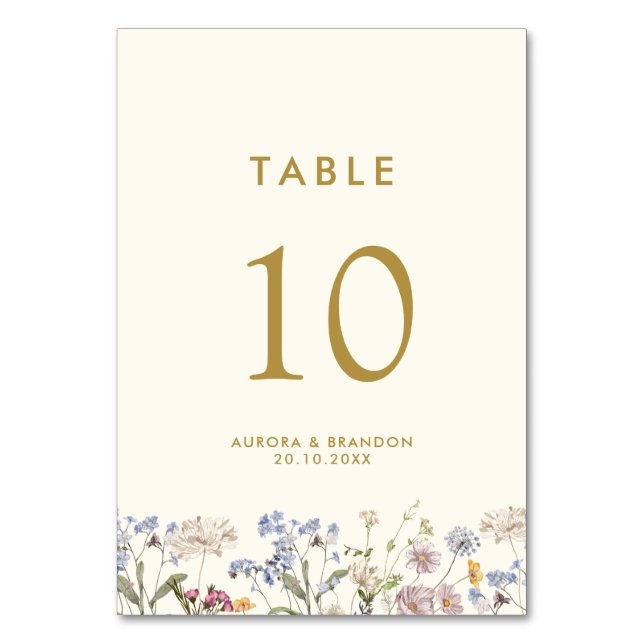 Färgfläckig Vår Wildblomskugga Guld Bröllop Bordsnummer (Framsidan)
