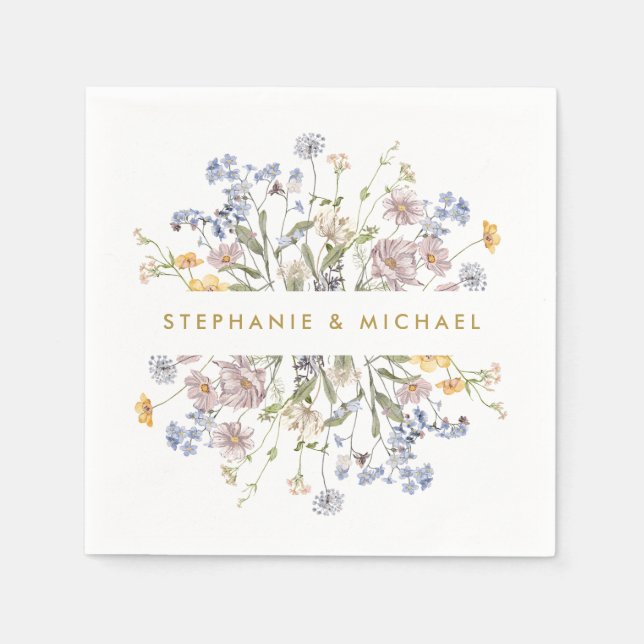 Färgfläckig Vår Wildblomskugga Guld Bröllop Pappersservett (Framsidan)