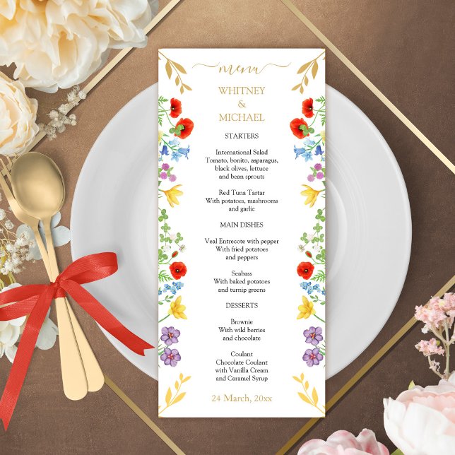 Färgfläckig Vår Wildblomvit Blommigt Bröllop Meny (Colorful Spring Wildflower White Floral Wedding Menu)