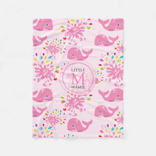 Färgfläckig Vatten Stänk Rosa Whale Monogram Mönst Fleecefilt (Framsidan)