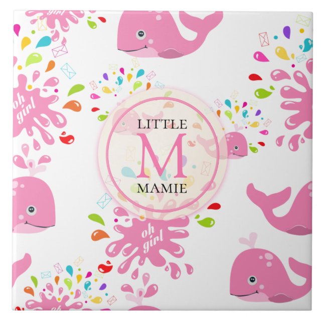 Färgfläckig Vatten Stänk Rosa Whale Monogram Mönst Kakelplatta (Framsidan)