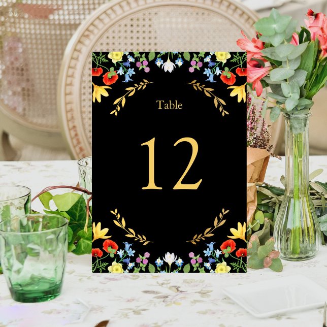 Färgfläckig Wildblomma Rustic Blommigt Black Bröll Bordsnummer (Colorful Wildflower Rustic Floral Black Wedding Table Number)