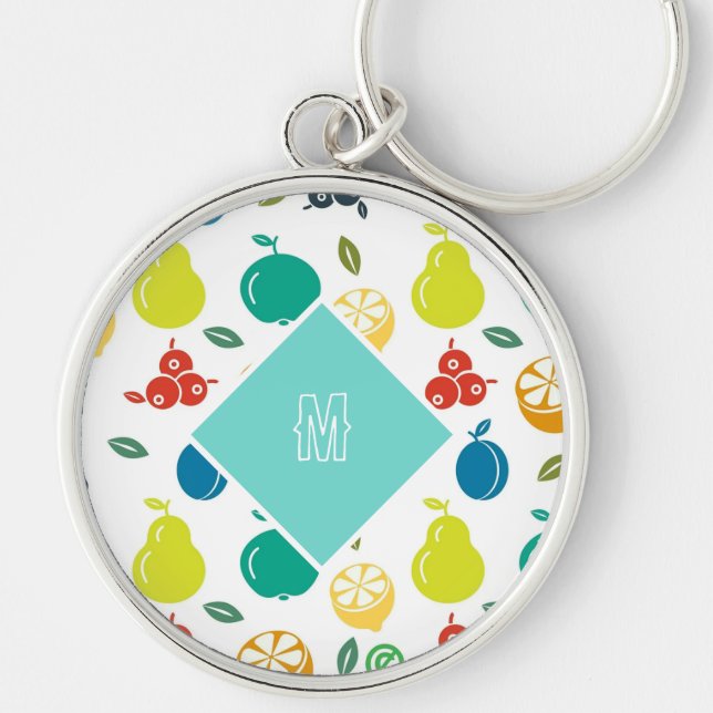 Färgfläckiga frukter av vit monogram Anpassningsba Rund Silverfärgad Nyckelring (Framsidan)