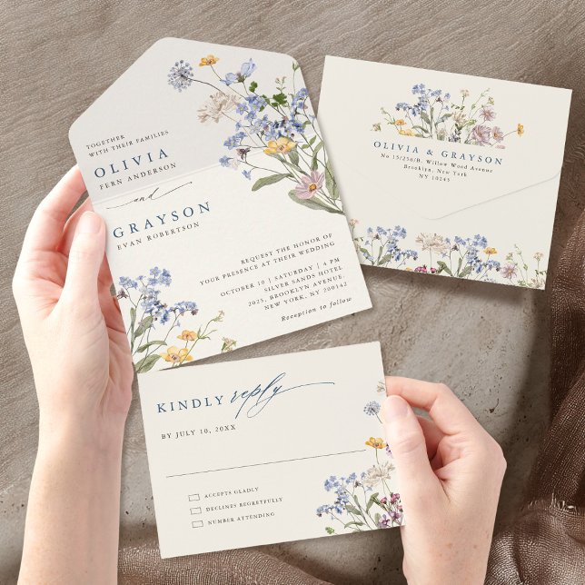Färgfläckigt Vår Wildblomsggarden Wedding (Colorful Spring Wildflower Meadow Garden Wedding All In One Invitation)