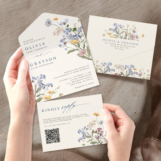 Färgfläckigt Vår Wildblomsggarden Wedding (Colorful Spring Wildflower Meadow Garden Wedding All In One Invitation)