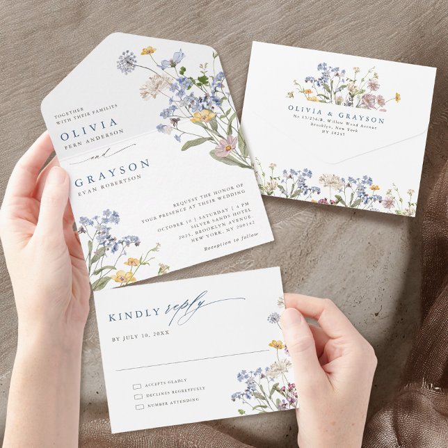 Färgfläckigt Vår Wildblomsggarden Wedding (Colorful Spring Wildflower Meadow Garden Wedding All In One Invitation)