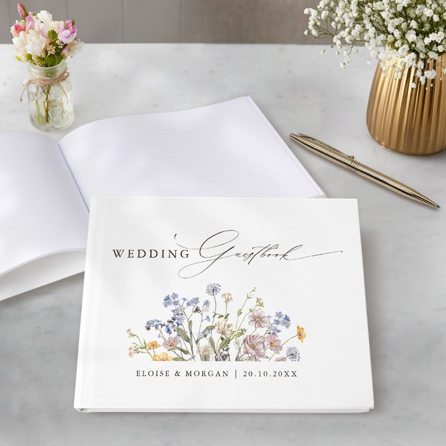 Färgfläckigt Vår Wildblomsggarden Wedding Gästböcker (Colorful Spring Wildflower Meadow Garden Wedding Guest Book)