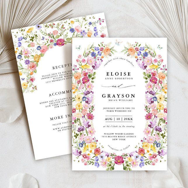Färgfläckigt Vår Wildblomsggarden Wedding Inbjudningar (Colorful Spring Wildflower Meadow Garden all in one Wedding Invitation with details on back)