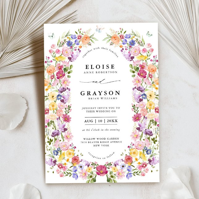 Färgfläckigt Vår Wildblomsggarden Wedding Inbjudningar (Colorful Spring Wildflower Meadow Garden Wedding Invitation)