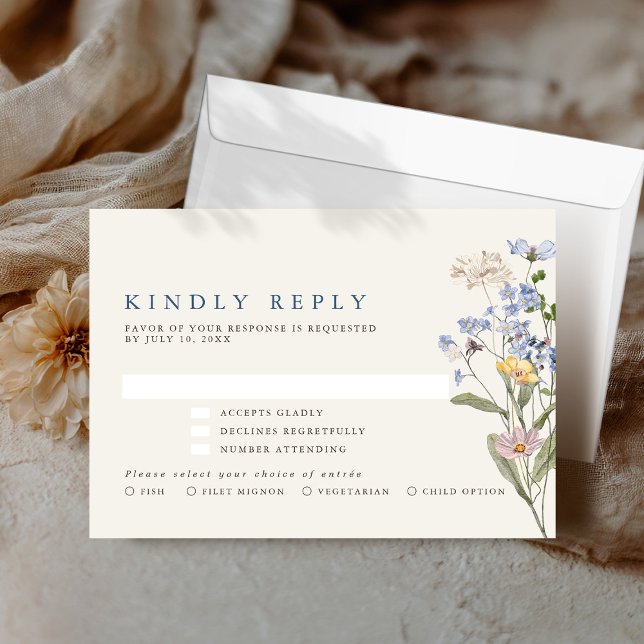 Färgfläckigt Vår Wildblomsggarden Wedding OSA Kort (Colorful Spring Wildflower Meadow Garden Wedding RSVP Card with meal choice option)