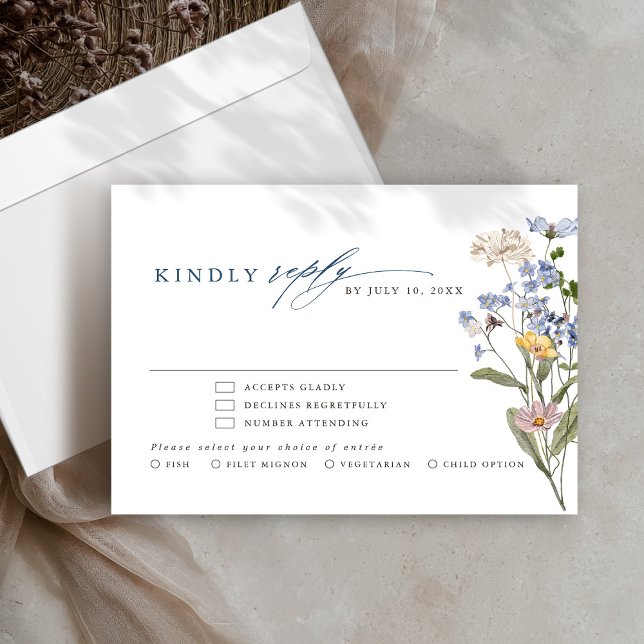 Färgfläckigt Vår Wildblomsggarden Wedding OSA Kort (Colorful Spring Wildflower Meadow Garden Wedding RSVP Card with meal choice. )