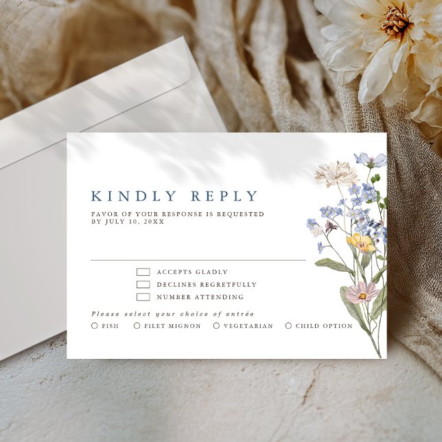 Färgfläckigt Vår Wildblomsggarden Wedding OSA Kort (Colorful Spring Wildflower Meadow Garden Wedding RSVP Card with meal options )