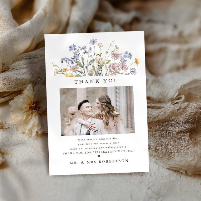Färgfläckigt Vår Wildblomsggarden Wedding Tack Kort (Colorful Spring Wildflower Meadow Garden Wedding photo Thank You Card)