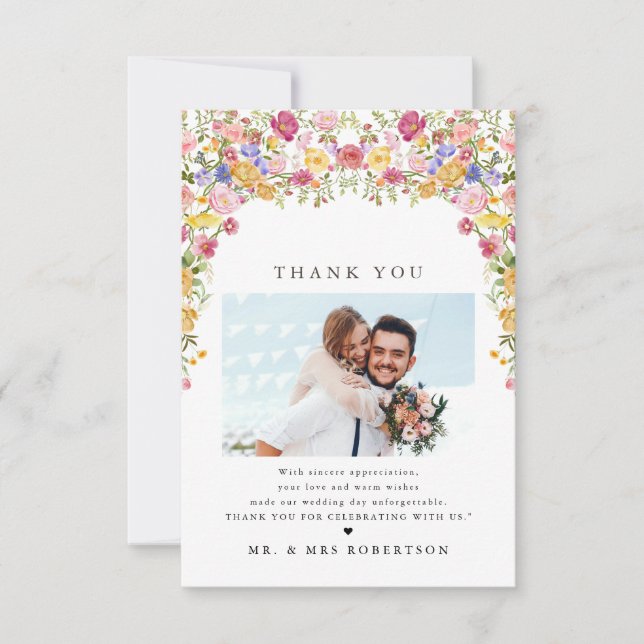 Färgfläckigt Vår Wildblomsggarden Wedding Tack Kort (Framsida)