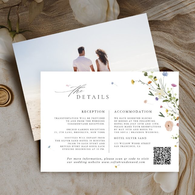 Färgfläckigt Vår Wildblomsggarden Wedding Tilläggskort (Colorful Spring Wildflower Meadow Garden Wedding QR code Enclosure Card)
