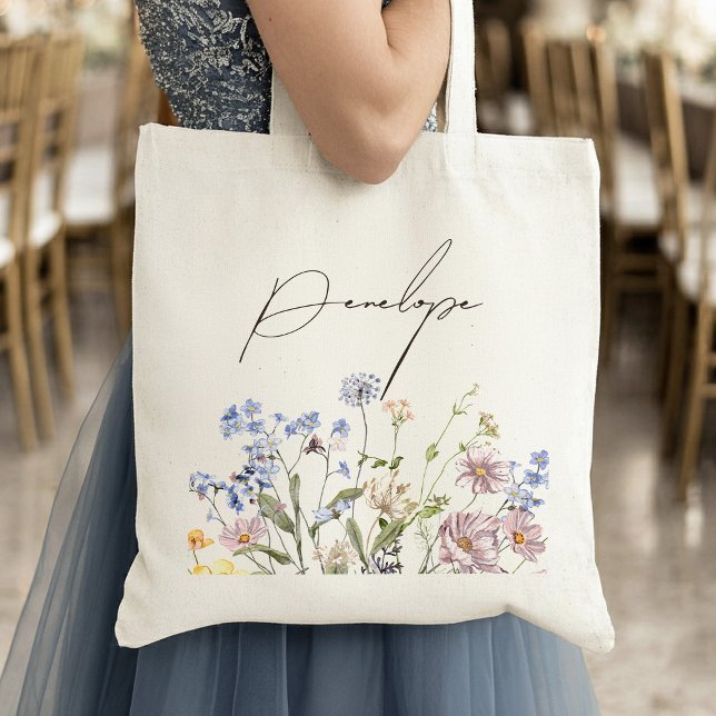 Färgfläckigt Vår Wildblomsggarden Wedding Tygkasse (Colorful Spring Wildflower Meadow Garden Wedding Brides maid name Tote Bag)