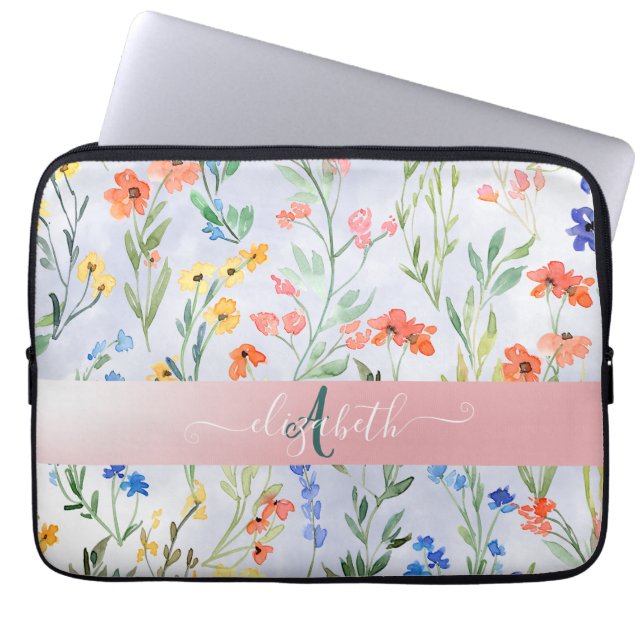 Färgfläcksmonogram av Vår Wildblomsmonogram Laptop Fodral (Framsidan)