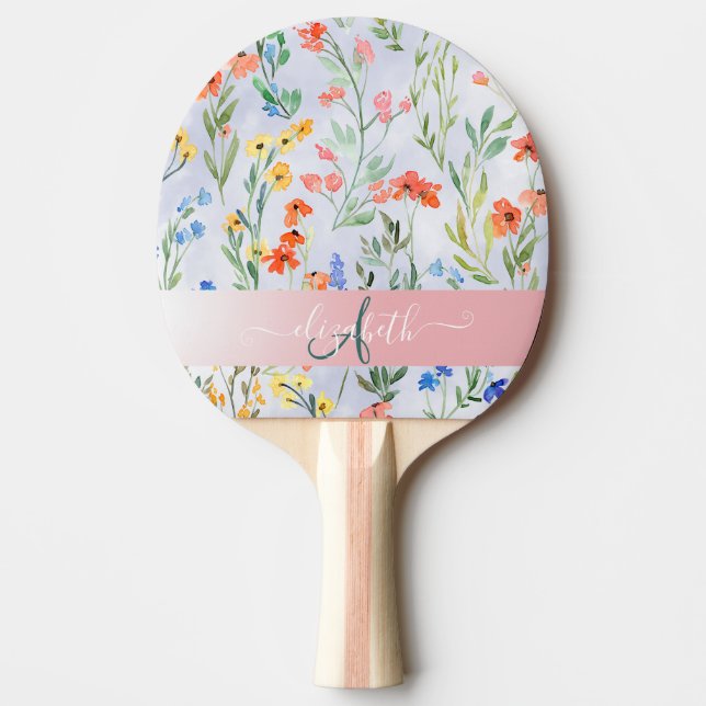 Färgfläcksmonogram av Vår Wildblomsmonogram Pingisracket (Framsidan)