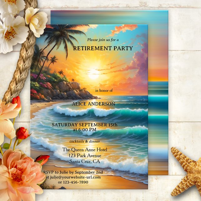 Färgfläckssolnedgång Pension Inbjudningar (Retirement party invitation featuring a colorful sunset on a tropical beach - travel - nautical)