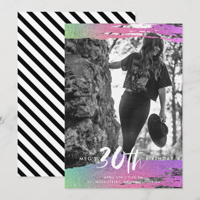 Färgfläckvit foto 30års födelsedag inbjudningar (Fram/baksida)