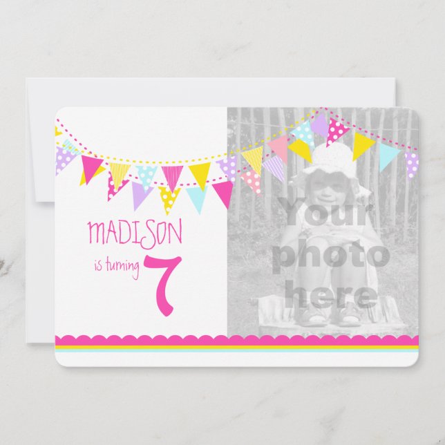 Färgflickor i flaggor 7:e födelsedagsfest inbjudan (Framsida)