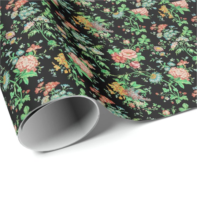 FÄRGFLÖDEN OCH LÖV MÖRK, BLOMMIGT svart Presentpapper (Rullad Hörn)