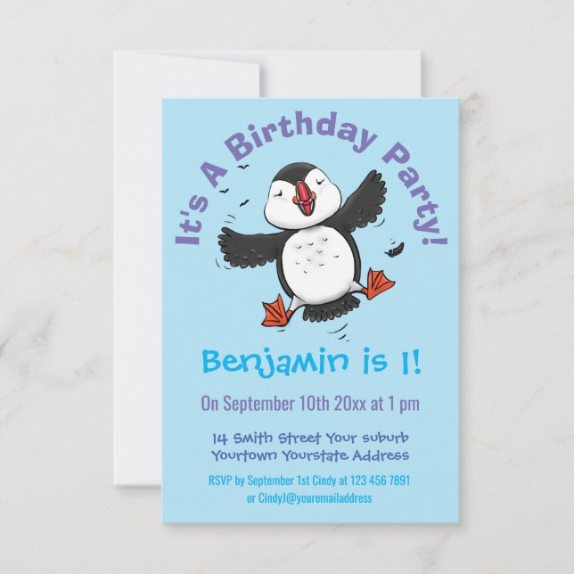 Färgflygning i blått tecknad i Cute lycklig Inbjudningar (Framsida)