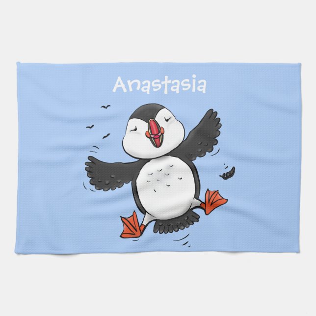 Färgflygning i blått tecknad i Cute lycklig Kökshandduk (Horisontell)