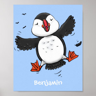Färgflygning i blått tecknad i Cute lycklig Poster