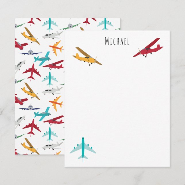 Färgflygplan Anpassat namn för Mönster Kids Anteckningskort (Fram/baksida)