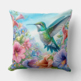 Färgflytande hummingbird and Flowers Kudde