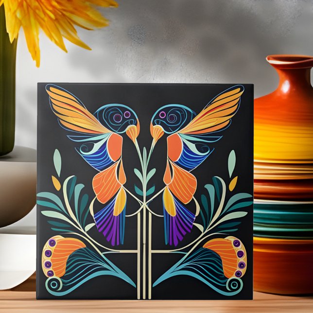Färgflytande Hummingbird Art nouveau Art Deco Kakelplatta (Skapare uppladdad)