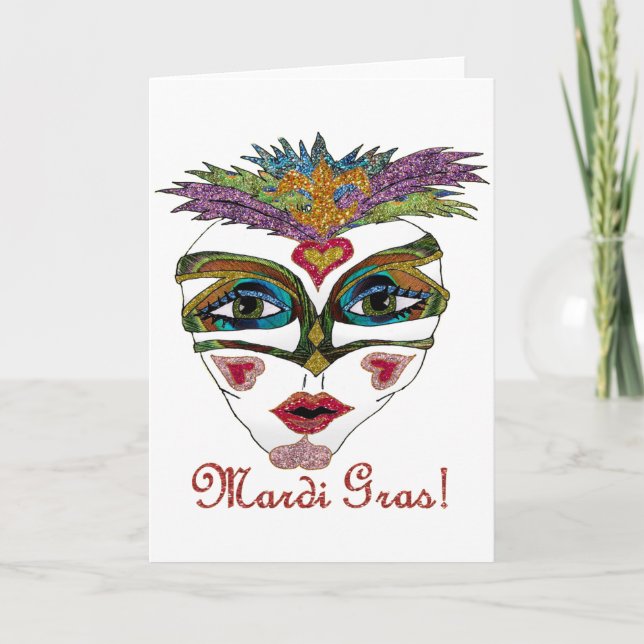 Färgformad Mardi Gras Glitter-luddarmask Kort (Framsida)