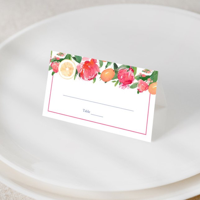 Färgformiga Blommigtar Citrus Blue Spain Tiles Brö Placeringskort (Bold pink watercolor flowers with citrus elements and blue & white tile reverse wedding place card)