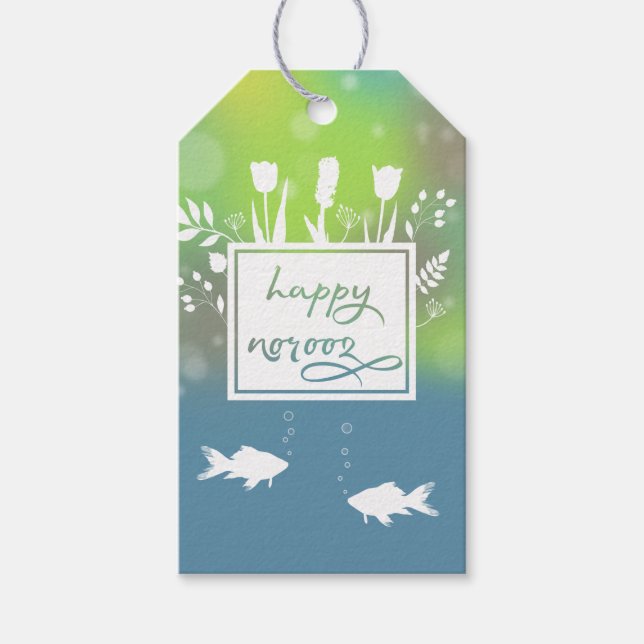 Färgformiga moderna Lycklig Noroz Brev-fiskblommor Presentetikett (Framsidan)