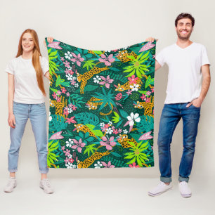 Färgformiga tropiska blommor och djur mönster fleecefilt