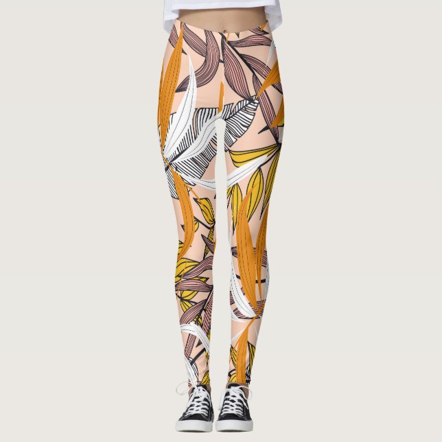 Färgformiga tropiska löv, beige bakgrund mönster leggings (Framsida)