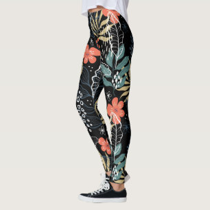 Färgformiga tropiska löv och blommor mönster leggi leggings