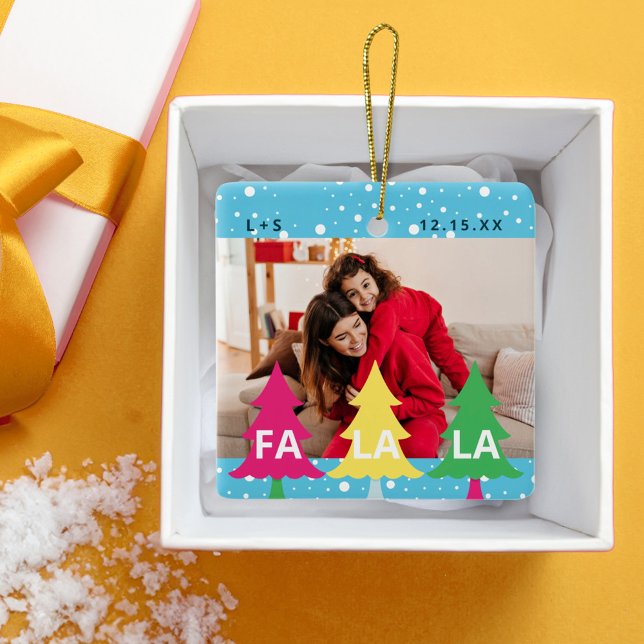 Färgfoto för Bright Neon Fa La jula Julgransprydnad Keramik (Colourful Bright Neon Fa La La Christmas Photo Ceramic Ornament)