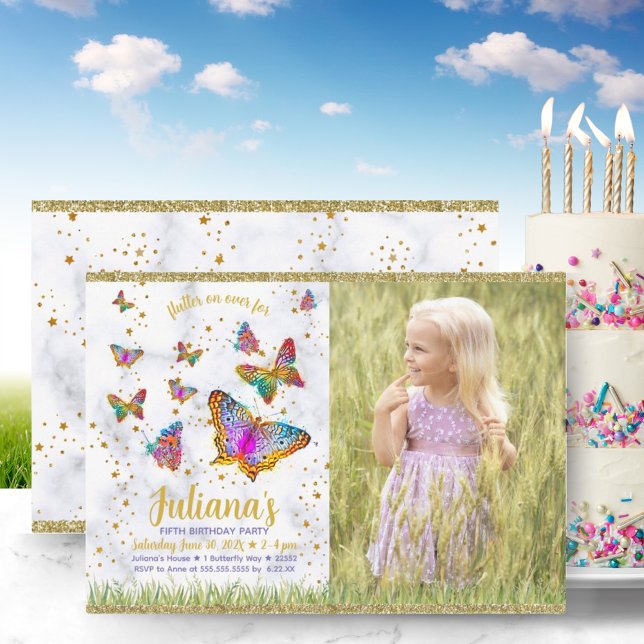 Färgfoto för Födelsedagsfest av Bright Butterfly Inbjudningar (Colorful Bright Butterfly Birthday Party Photo Invitation)