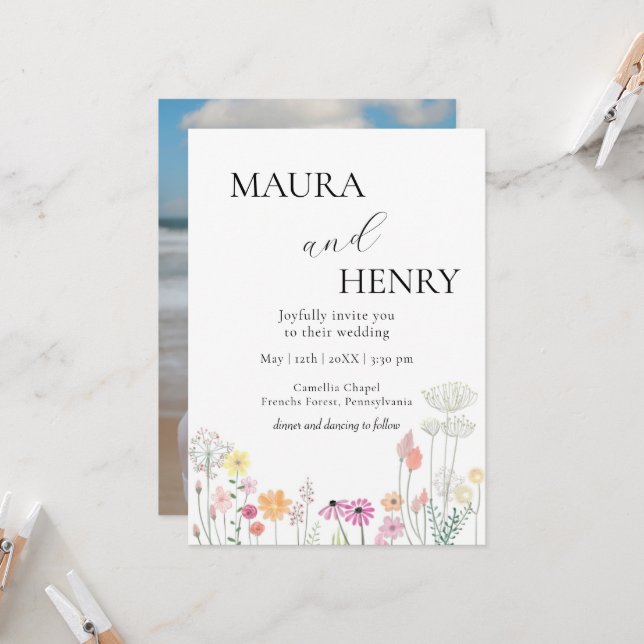Färgfoto på Avslappnaden Vår Wildblomma bröllop Inbjudningar (Fram/Back In Situ)