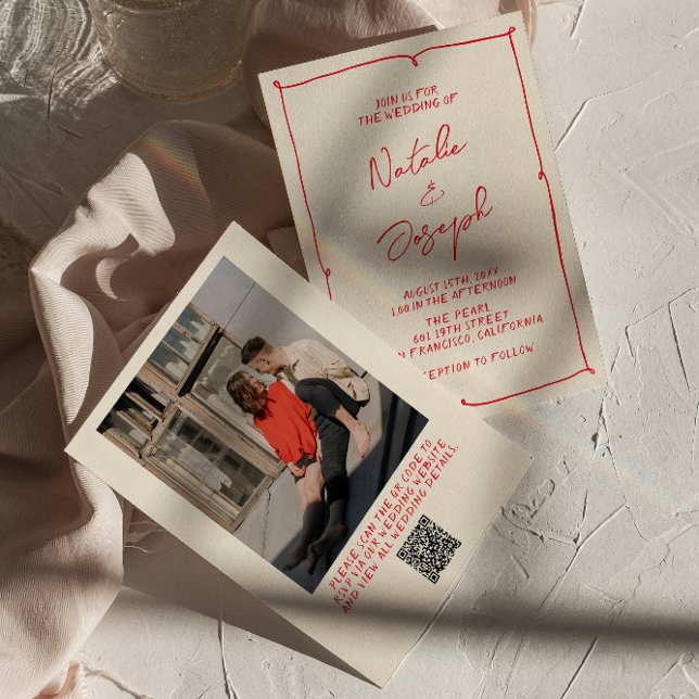 Färgfotot QR-kod Bröllop för handskriven Vintage Inbjudningar (Skapare uppladdad)