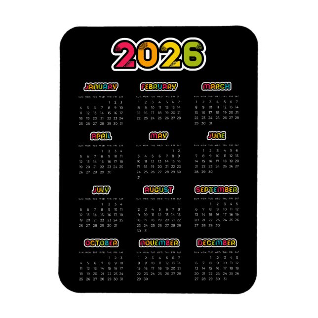 Färgfull 2025 svart kalender magnet (Vertikal)