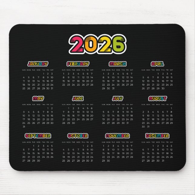 Färgfull 2025 svart kalender musmatta (Framsidan)